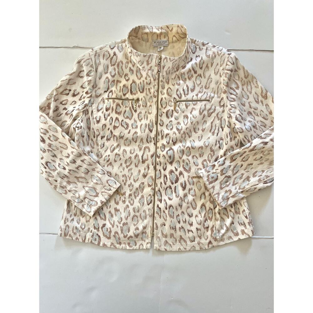 St. John Sport Jacket Womens XL White Leopard Print Zip Pockets Animal Twill